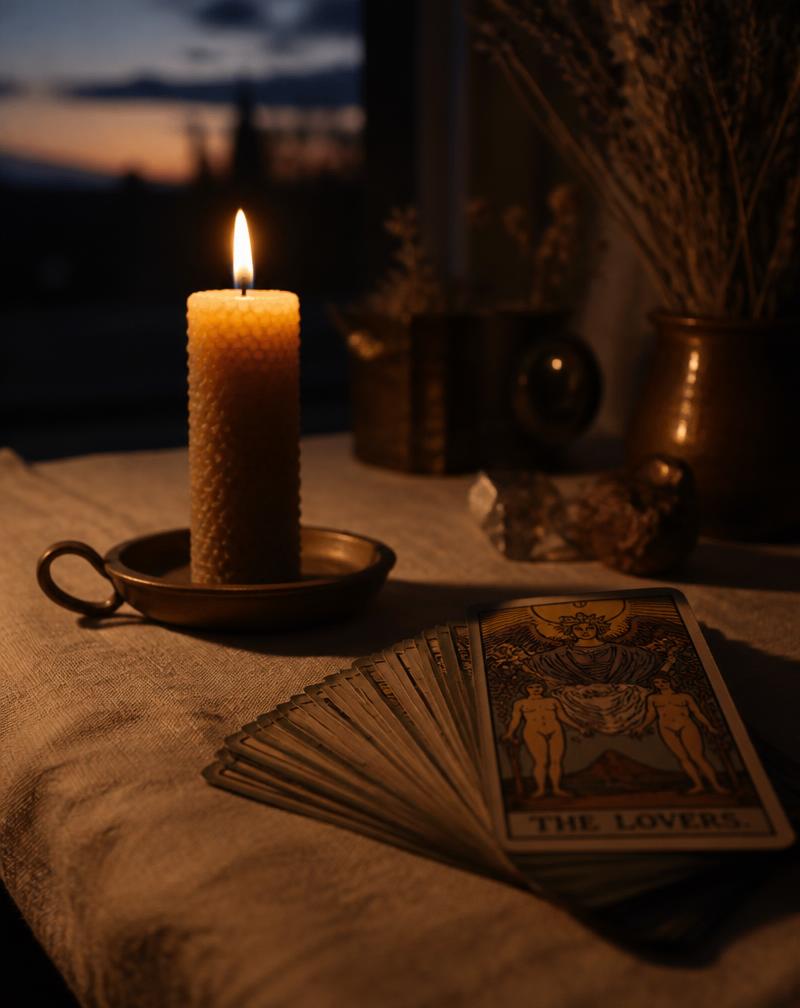 A lit beeswax candle beside a fanned tarot deck on linen at dusk
