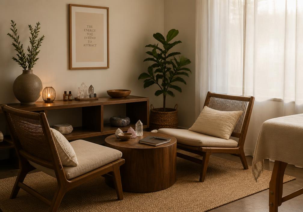 A calm session room with linen chairs, crystals and soft afternoon light