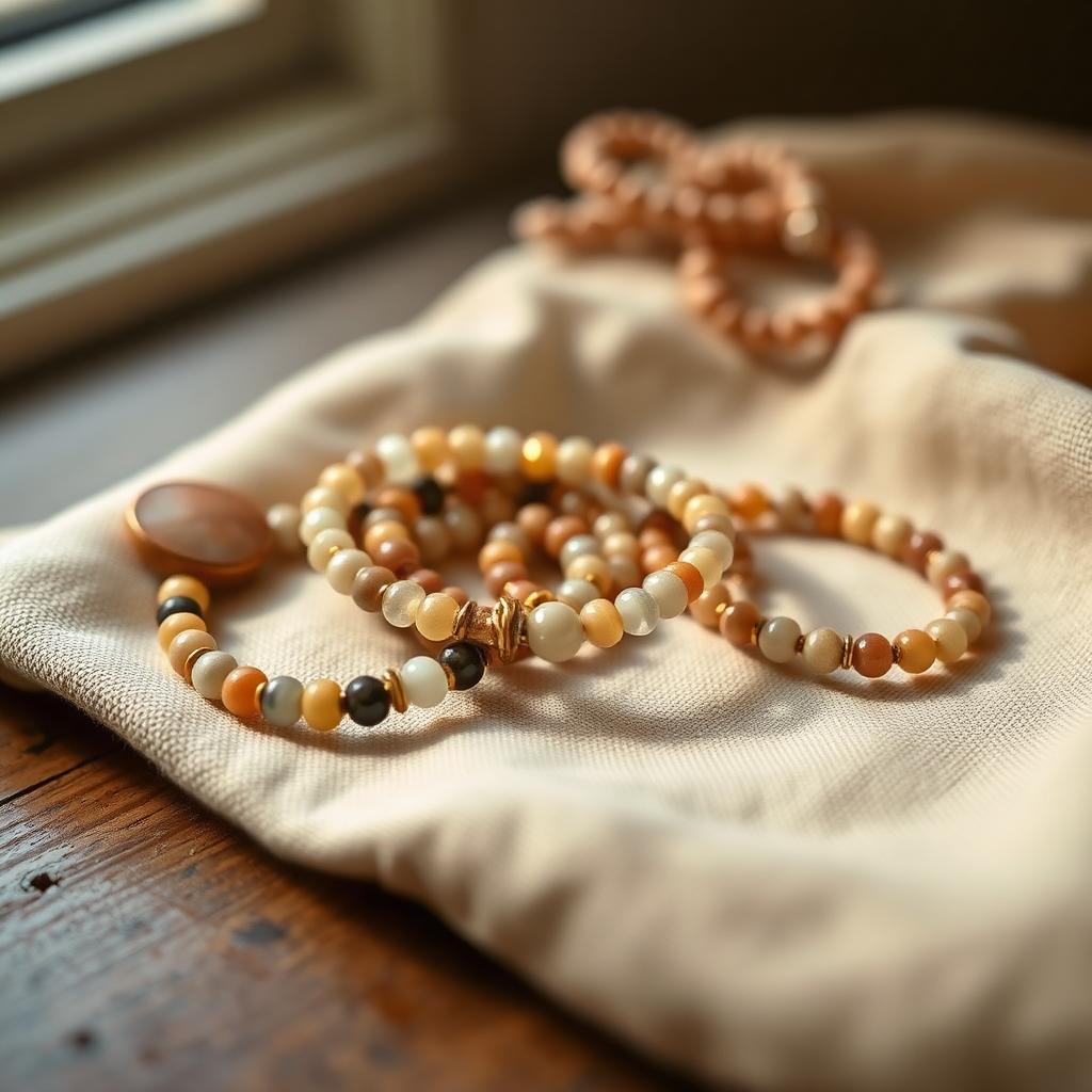 Handcrafted crystal bracelets resting on bone linen in soft window light