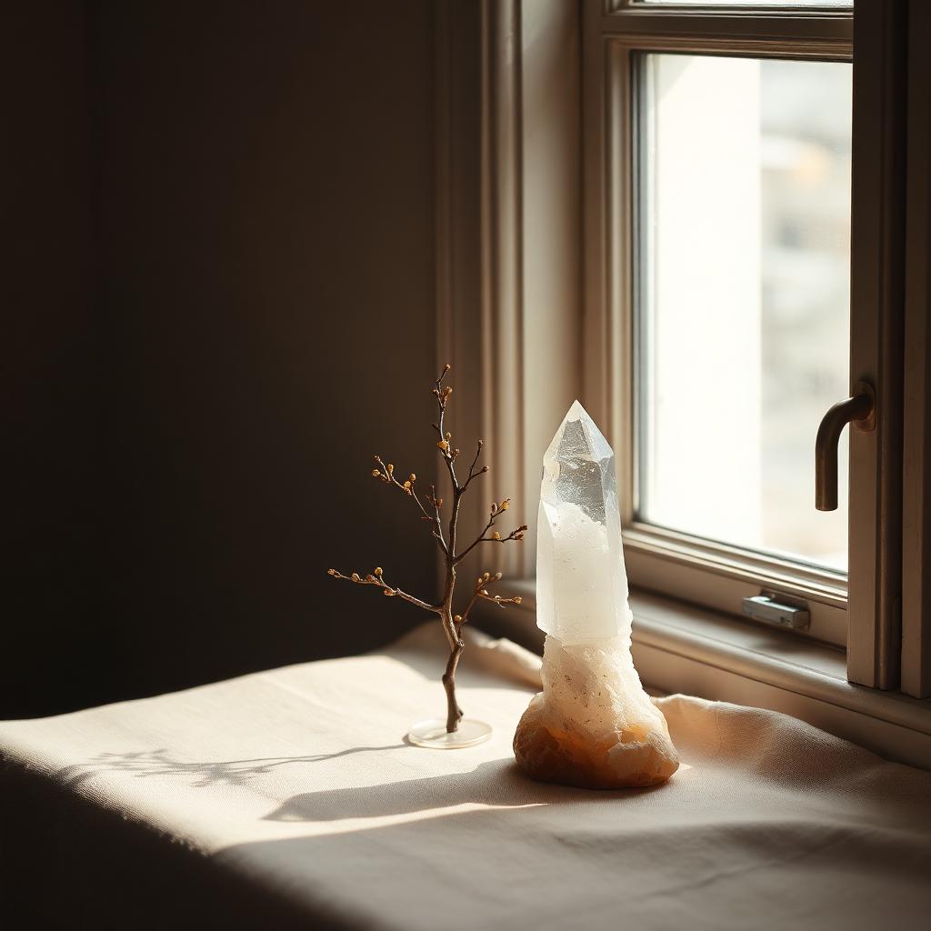 A crystal tree and quartz tower on a linen covered windowsill