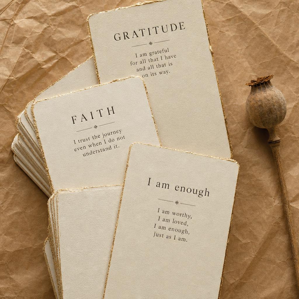 A fanned deck of affirmation cards printed with gratitude, faith and I am enough, beside a dried poppy